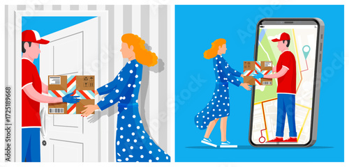 Man courier delivering two boxes to woman at door. Online tracking delivery service with smartphone. Shipping or e-commerce concept.