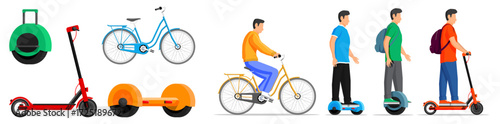 Electric and eco friendly city transportation set. Man riding various modern urban vehicle types. Ecological personal transport concept.