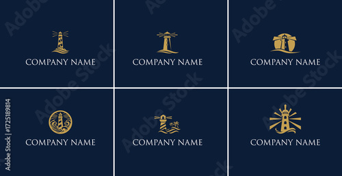 Set of six elegant lighthouse logo designs in gold suitable for various companies