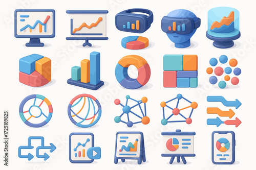 Modern Data Analytics and Visualization Icon Set Charts, VR, and More