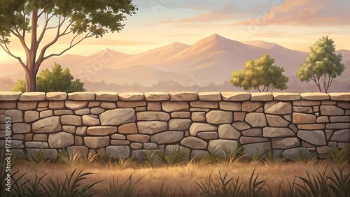 Rustic Stone Wall Landscape: Serene Sunset, Mountain View, Dry Grass, Tranquil Mood, Digital Painting