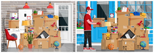 Man mover delivering cardboard boxes to new home. Moving day for new house apartment. Moving service shipment.