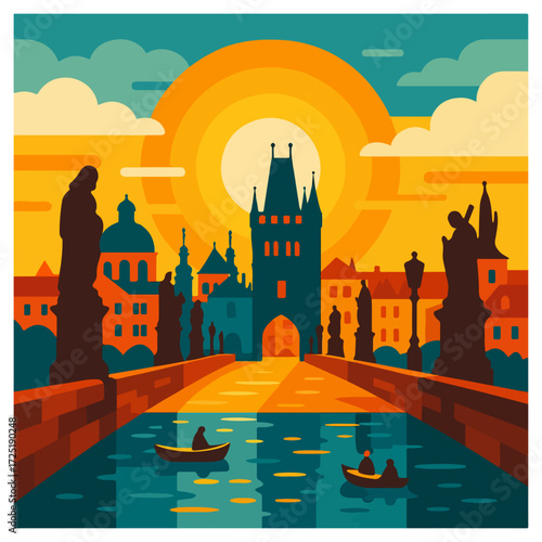 Charles Bridge at Sunrise — Prague Old Town & Vltava River, Czech Republic Poster