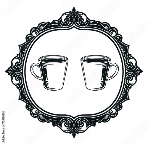 Elegant decorative frame with two coffee mugs in black and white illustration