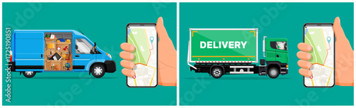 Man hand holding smartphone with map, tracking delivery van and truck. Online order shipping and moving service concept.