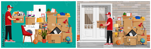 Loader man carries carton box with office supplies. Home moving concept and delivery service. Flat style stock vector set collection illustration.