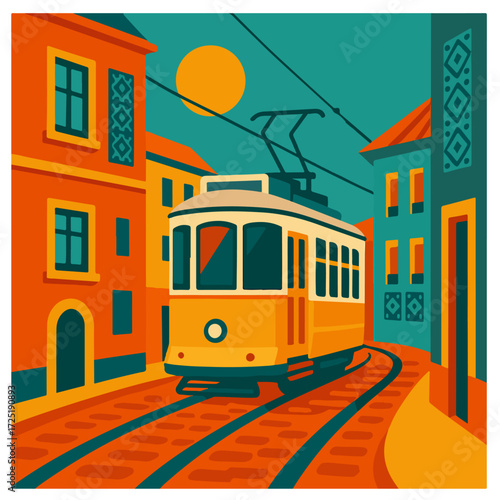 Lisbon Yellow Tram in Alfama — Steep Street, Tiles & Balconies, Portugal Travel Poster