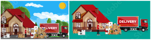 Man delivering boxes and household items to a house. Moving company service. Relocation and transportation concept.
