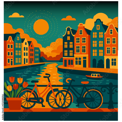 Amsterdam Canal Houses with Bicycles — Sunset Reflections, Netherlands Travel Poster