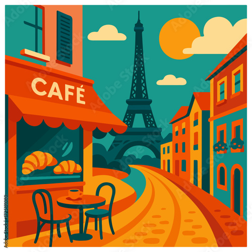Paris Street Café by the Eiffel Tower — Bistro Terrace, Croissant & Coffee, Travel Poster