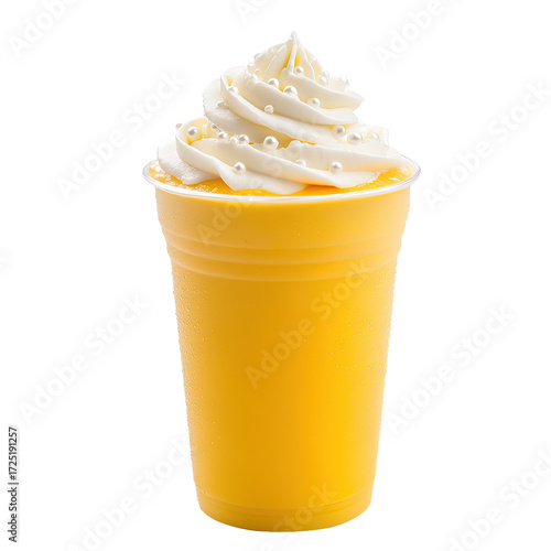 Delicious rich mango milkshake with whip creme in take away cup, isolated on white background.