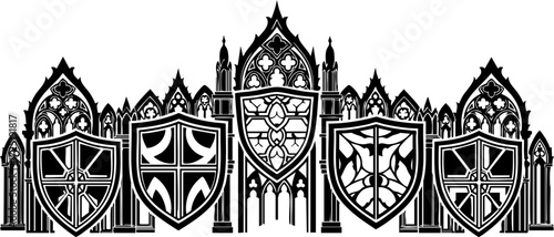 Konstfotografi Mystical emblem featuring gothic architecture and shield designs, perfect for fa