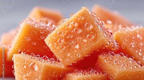 Macro Close Up Fresh Mango Slices with Water Droplets in Bright Studio Lighting on Grey Background Showing Juicy Texture and Vibrant Orange Color