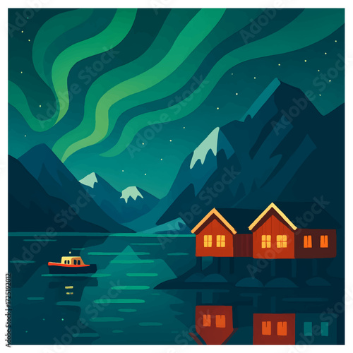 Aurora Borealis over Nordic Fjord — Cabins, Boat and Mountains, Night Travel Poster