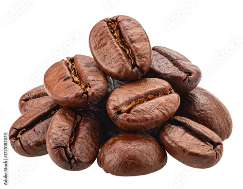 Roasted coffee beans piled in a cluster, close-up