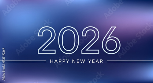 A modern and minimalist graphic for the year 2026 with a sleek hollow font and a smooth abstract gradient background for a peaceful New Year greeting.