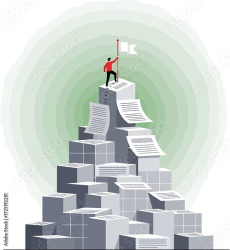 A victorious man stands atop a mountain of paperwork, planting a flag to symbolize achievement and success.