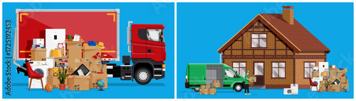 Moving service with man worker unloading boxes from van to house. Truck full of packed belongings. Home delivery concept.