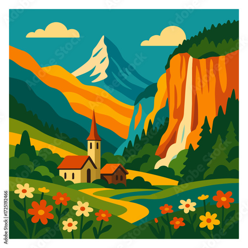 Lauterbrunnen Valley Waterfall and Church — Swiss Alps Village Landscape, Retro Travel Vector