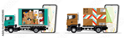 Moving truck with household goods and cargo boxes. Online delivery service and tracking concept with smartphone map.