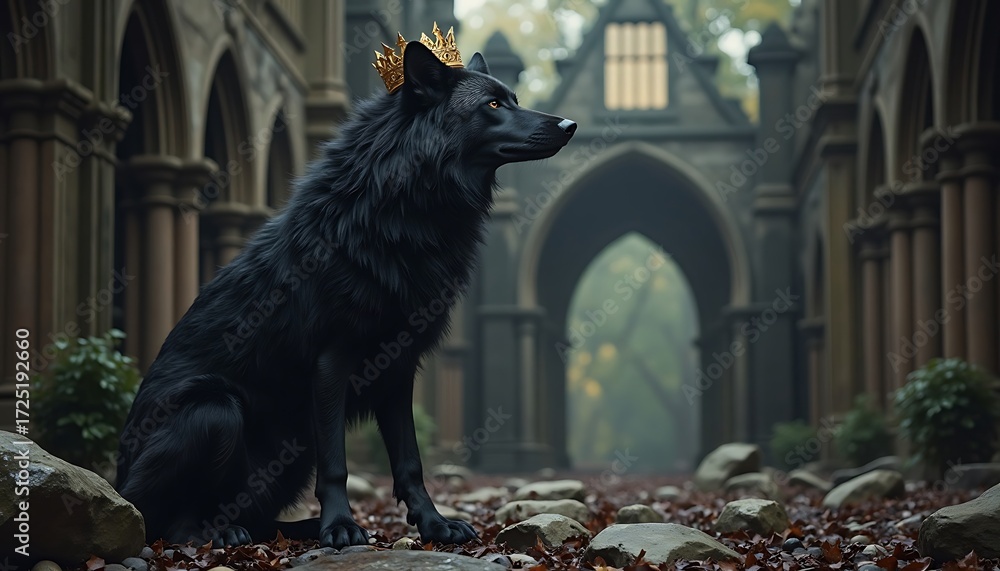 Naklejka premium Wolf Wearing Crown Sitting in Old Ruins Landscape
