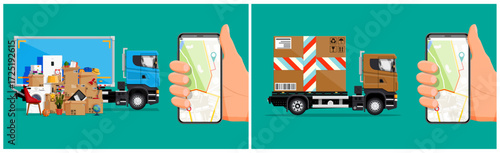 Hand holding phone with delivery truck shipping goods. Relocation cardboard box, home moving service. E courier application.
