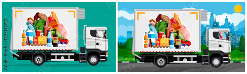 Deliver truck with various fresh food product. Grocery delivery service concept. Online meal ordering system.
