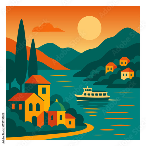 Lake Como Sunset with Ferry and Cypress — Italian Lakes Travel Poster, Retro Vector