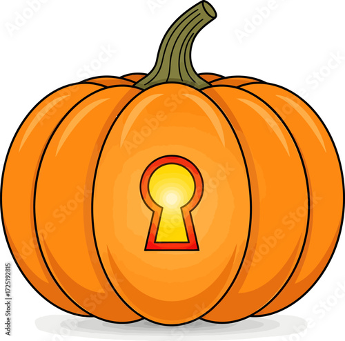 An orange cartoon pumpkin with a green stem and a mysterious glowing keyhole carved into its front.