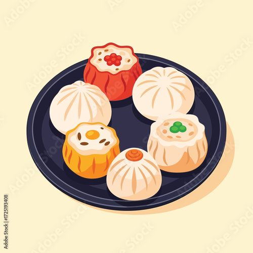 Assorted Dumplings on a Plate, Asian Cuisine
