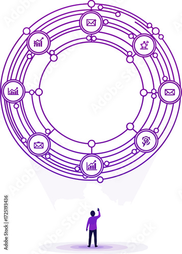 A person stands before a large, futuristic circular interface with interconnected data and communication icons.