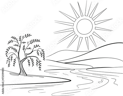 Black and white line art of a weeping willow tree by a winding river and rolling hills under a sun