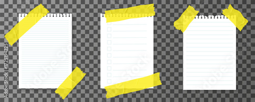 Set of lined sheets of paper with adhesive duct tape. Blank pages for text. Empty notebook pages for notes and message with yellow sticky strips. Vector illustration.