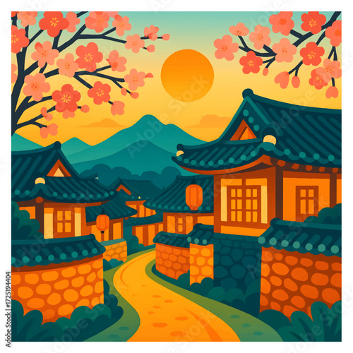 Korean Hanok Village with Cherry Blossoms — Traditional Roofs at Sunset, Travel Poster
