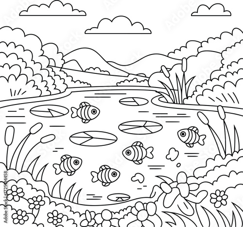 Cartoon pond with fish lily pads and reeds in black and white water
