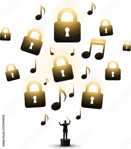 A conductor orchestrates a symphony of glowing padlocks and musical notes, symbolizing protected music.