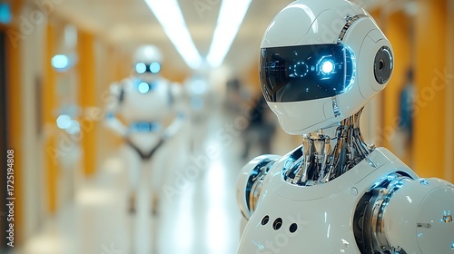 Futuristic Robots in Bright Hallway AI Technology with Healthcare, and Robotics Concept.