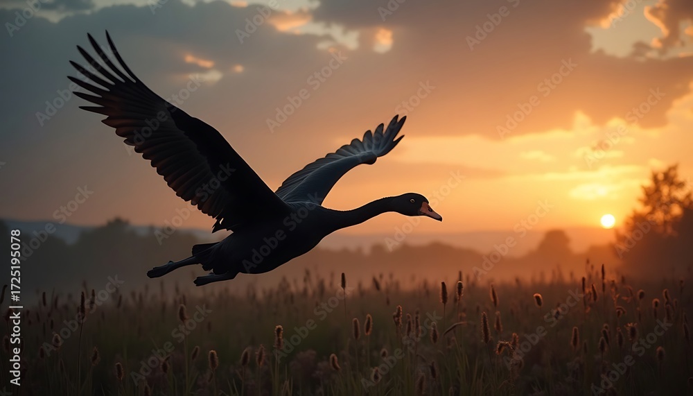 Fototapeta premium Swan Flying Over Field at Sunset Dramatic Sky