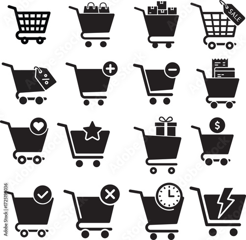 Collection of shopping cart icons representing online shopping, e-commerce, and retail activities, with symbols for adding items, discounts, and delivery
