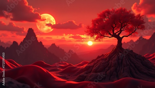 Tree Silhouette at Sunset with Mountains and Full Moon in Red Tones