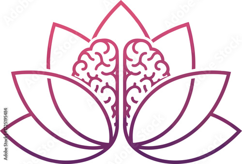 A stylized line art illustration of a human brain nestled inside the petals of a blooming lotus flower.