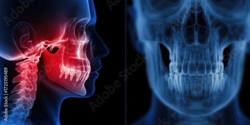 Human skull profile with jaw pain on x-ray view