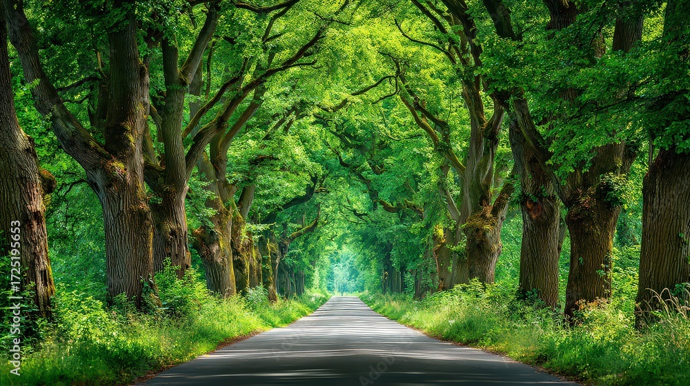 Naklejka premium Scenic Tree Lined Road Through Lush Green Canopy