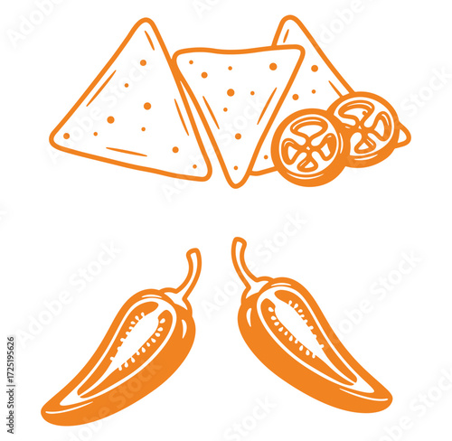 Orange line art illustration of mexican food elements including nachos chili and tomato