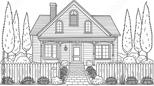 Front View of a Charming Two- Story House with a Picket Fence home dwelling