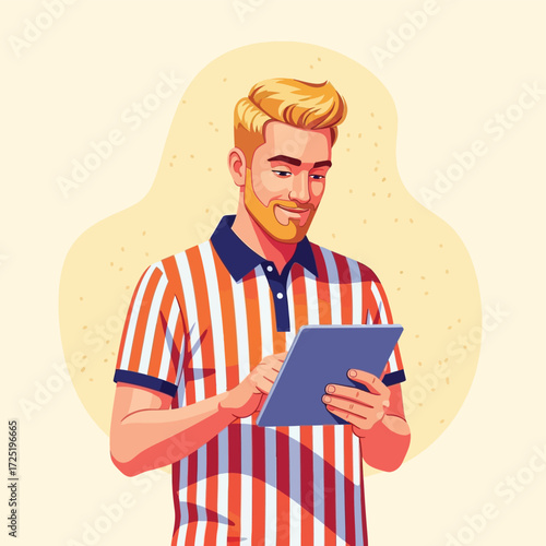 Man in striped shirt using tablet, smiling with golden blonde hair