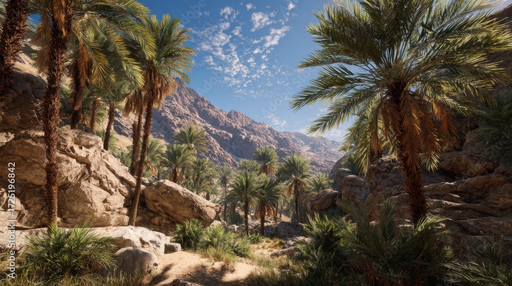 Fototapeta premium Diverse palm trees in an oasis surrounded by desert mountains.