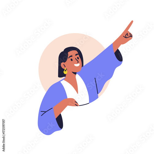 Business woman peeping from circle hole and pointing up, watching. Smiling curious female peeking out, gesturing with finger, showing with hand. Flat vector illustration isolated on white background.