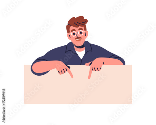 Man pointing down, peeping from behind banner, advertising board. Happy smiling male character peeking, gesturing with fingers, hands, promoting. Flat vector illustration isolated on white background.