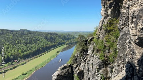 aerial view of rural village rathen in the elbe sandstone mountains in east germany with the river elbe from the bastei area